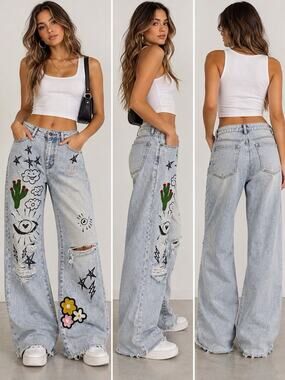Forever 21 Y2K Graffiti Doodle Embroidered Baggy Wide Leg Ripped Jeans Size 27